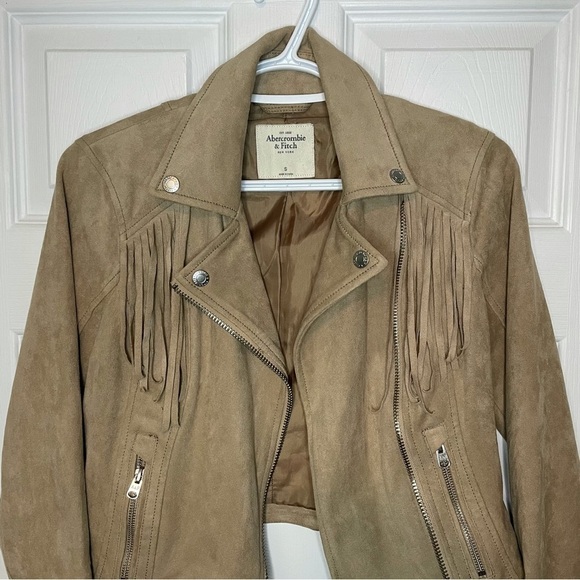 ABERCROMBIE Faux Suede Moto Tassel Tan Jacket small - Picture 2 of 8